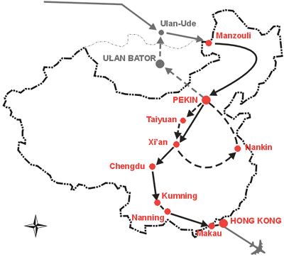 Trasa wyprawy 'Chiny 2001'
Moskwa, Manduria, Pekin, Xi'an, Chengdu,
Kumning, Nanning, Hong Kong