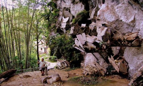 Zdjęcie INDONEZJA / Sulawesi Południowe /  okolice Rantepao / skała z wiszącymi grobami w Kete-kesu