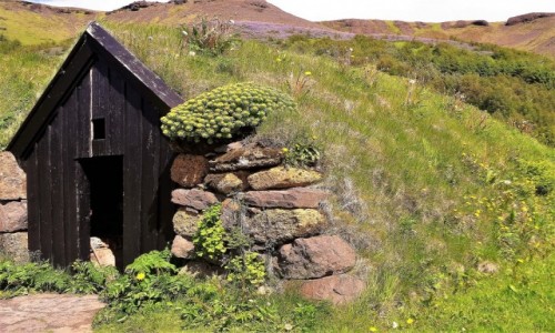 Zdjęcie ISLANDIA / Fiordy wschodnie / Osada domków torfowych / Typowy dla dawnej Islandii domek torfowy