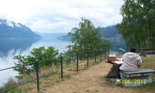 Zdjęcie NORWEGIA / - / Parking przy drodze Rv 55 / Posiłek nad Lustrafjordem