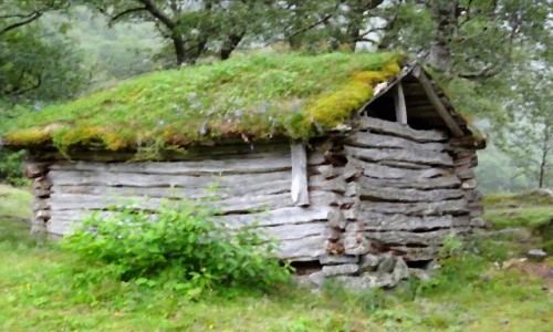 Zdjecie NORWEGIA / - / okolice lodowca Briksdalsbreen / Zielona chatka z drugiej strony (malowido)