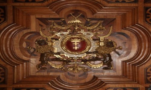 POLSKA / Pomorze / Gdask, Ratusz Gwnego Miasta Gdaska /  Herb miasta na drzwiach